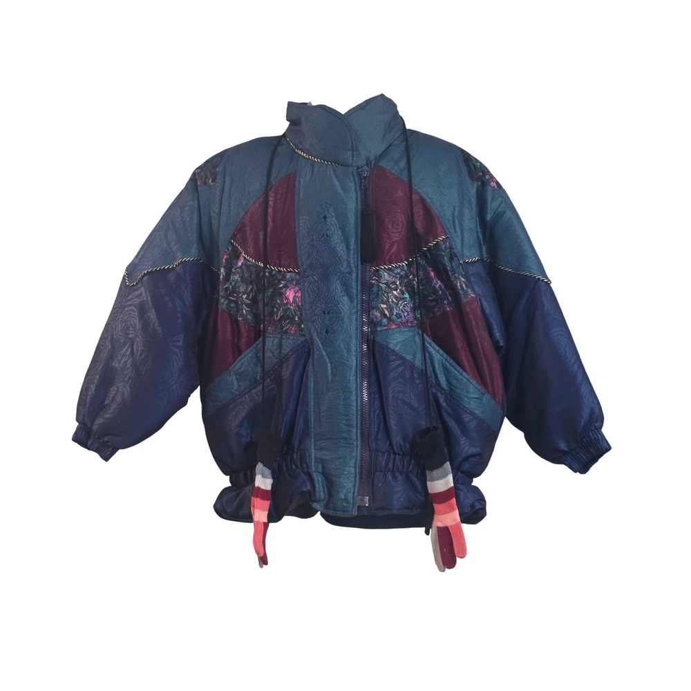 Vintage Clipper Bay Womens Large Colorblock‎ Floral Puffer Jacket Teal Navy 90s